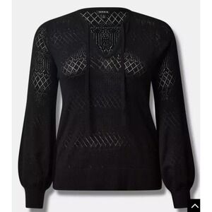 TORRID Pointelle Pullover Tie Neck V  Neck Sweater Black Size 1 Puff Sleeve